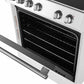 Close-up of the oven door on the Forno 30-inch Leonardo electric range, featuring a large glass viewing window and an antique brass handle that blends traditional elegance with modern functionality.