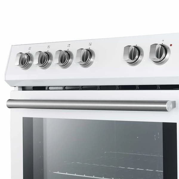 Close-up view of the antique brass control knobs on the Forno 30-inch Leonardo electric range, showcasing classic styling with clearly marked settings for precise oven and cooktop control.