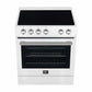 Top view of the Forno 30-inch Leonardo electric range, featuring a sleek black ceramic glass cooktop with four radiant heating elements and antique brass control knobs positioned at the front for easy access.