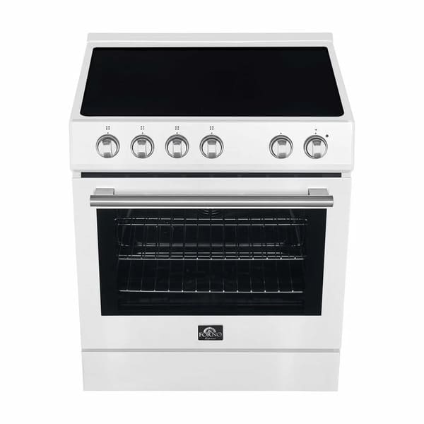 Top view of the Forno 30-inch Leonardo electric range, featuring a sleek black ceramic glass cooktop with four radiant heating elements and antique brass control knobs positioned at the front for easy access.