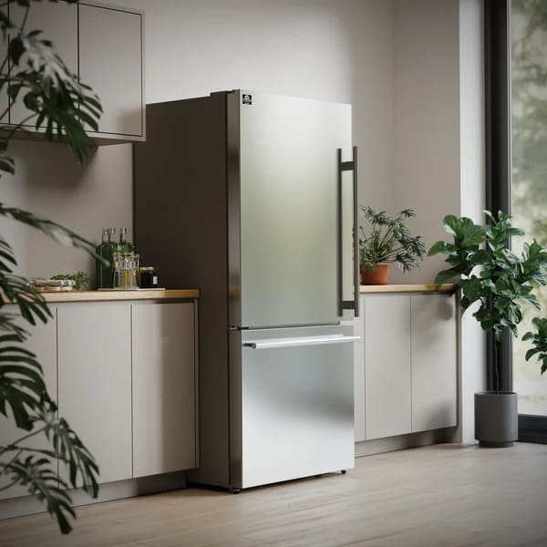 Lifestyle view of the FORNO 31-inch left-hinge refrigerator in stainless steel, integrated into a modern kitchen setting.