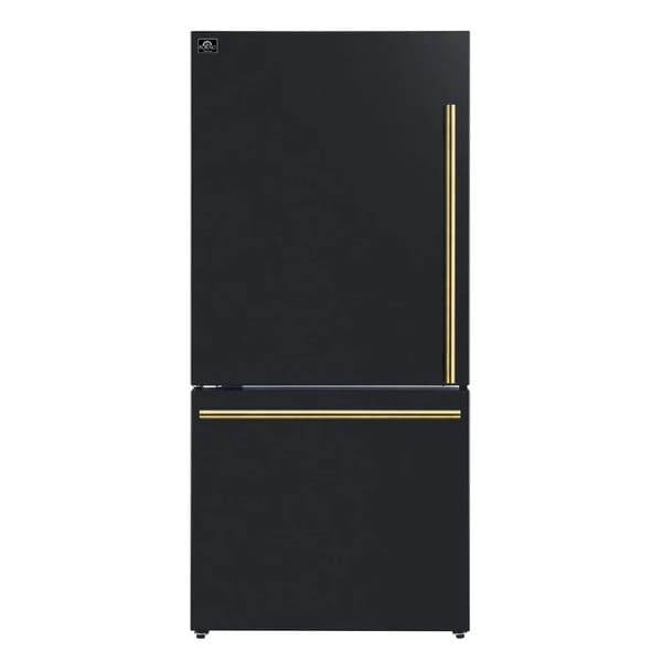 Front view of the Forno 31-inch refrigerator featuring a clean, modern design with sleek handles and a smooth finish, designed for compact yet efficient kitchen storage.