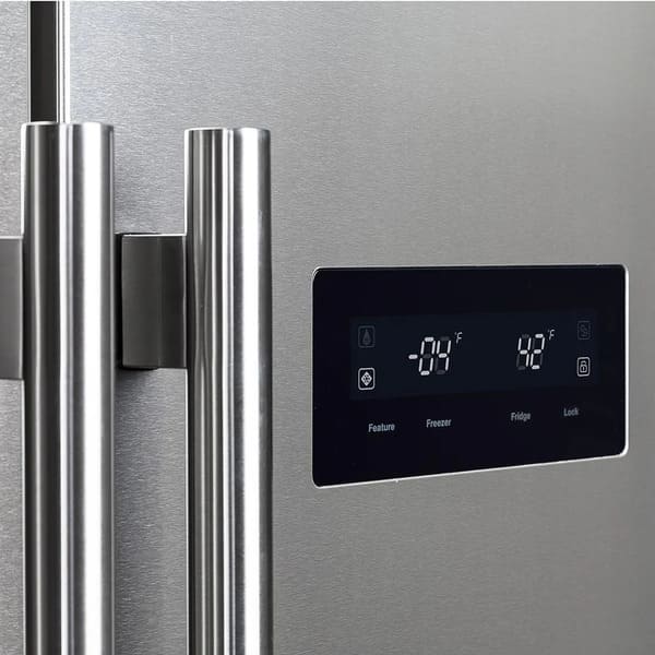 Close-up of the control panel on the FORNO 33-inch side-by-side refrigerator in stainless steel, featuring a digital display with intuitive touch controls for temperature and settings.