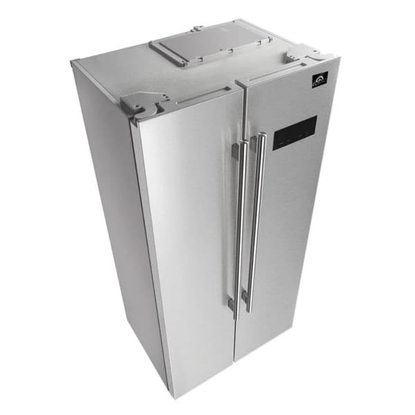 Top view of the FORNO 33-inch side-by-side refrigerator in stainless steel, highlighting the flat door surfaces, clean lines, and modern stainless steel finish.