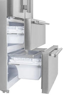 Interior view of the FORNO 36-inch French door refrigerator in stainless steel highlighting the spacious pull-out drawers, ideal for storing fruits, vegetables, and deli items.