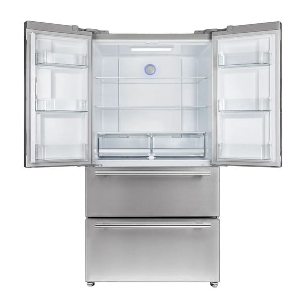 Front view of the FORNO 36-inch French door refrigerator in stainless steel with both French doors open, revealing spacious interior shelving, door bins, and the bottom freezer drawer.