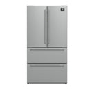 Front view of the FORNO 36-inch French door refrigerator in stainless steel, highlighting the smooth finish, double doors, and bottom freezer drawer.
