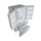 Left-angled view of the FORNO 36-inch French door refrigerator in stainless steel with both doors open, showcasing interior shelves, bins, and freezer drawer for organized storage.