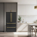 Forno 36-inch French door refrigerator in a lifestyle kitchen setting, shown in black with antique brass handles, complementing modern cabinetry and décor.