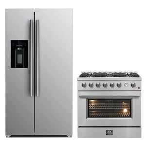 FORNO 2-piece appliance package featuring a 36-inch gas range and a 36-inch refrigerator with water dispenser, both in stainless steel, providing a stylish and coordinated kitchen setup.