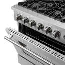 Close-up of the oven door vent on the FORNO 36-inch gas range in stainless steel, highlighting the vent design for proper heat circulation and sleek exterior detailing.