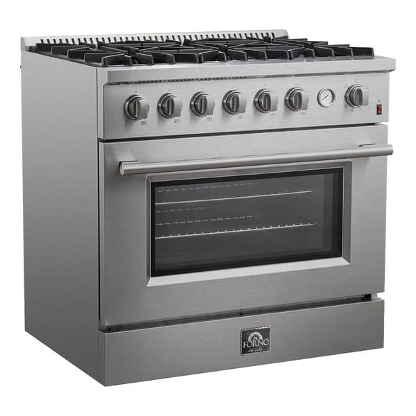Front left-angled view of the FORNO 36-inch gas range in stainless steel, highlighting the control knobs, six-burner cooktop, and sleek professional design.