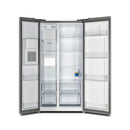 Front view of the FORNO 36-inch refrigerator with water dispenser in stainless steel with both doors open, revealing the spacious interior storage, adjustable shelves, and door bins.