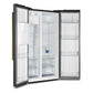 Left-angled front view of the FORNO 36-inch side-by-side refrigerator with both doors open, showcasing organized interior shelving, spacious compartments, and modern LED lighting.