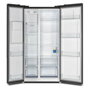 Front view of the FORNO 36-inch side-by-side refrigerator with both doors open, revealing spacious interior storage with adjustable glass shelves, clear bins, and LED lighting.