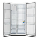 Front view of the Forno 36-inch side-by-side refrigerator in white with both doors open, revealing spacious interior compartments with adjustable shelves, clear door bins, and multiple storage drawers for organized food storage.