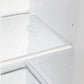 Close-up view of an interior shelf inside the Forno 36-inch side-by-side refrigerator in white, featuring a clear, adjustable glass surface designed for flexible and organized food storage.