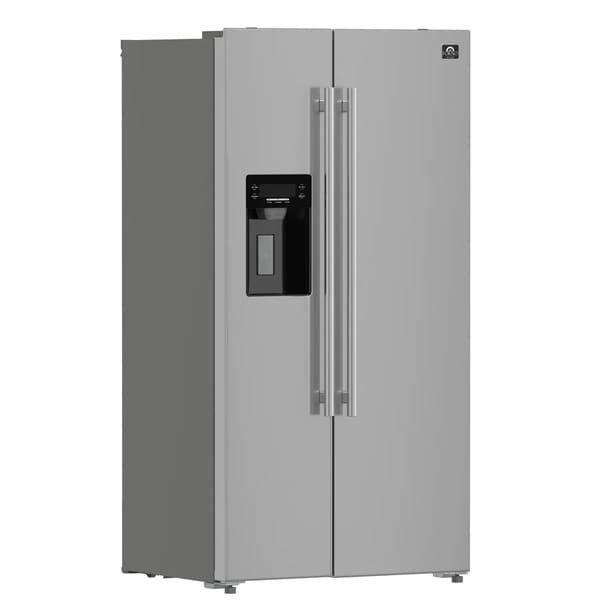Angled front-left view of the Forno 36-inch side-by-side refrigerator with water dispenser, featuring a modern stainless steel finish, integrated external dispenser, and sleek vertical handles that enhance its contemporary kitchen appeal.