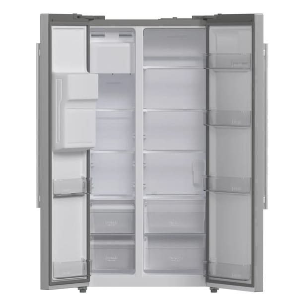 Alternate front view of the Forno 36-inch side-by-side refrigerator with water dispenser, both doors open to display a well-organized interior with spacious shelving, crisper drawers, and ample door storage for efficient food organization.