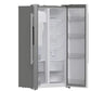 Left-angled front view of the Forno 36-inch side-by-side refrigerator with water dispenser and both doors open, showcasing a spacious, well-lit interior with adjustable shelving, clear bins, and organized freezer and refrigerator compartments.