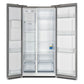 Front view of the Forno 36-inch side-by-side refrigerator with water dispenser and both doors open, revealing spacious interior compartments with adjustable glass shelves, clear bins, and LED lighting for organized, well-lit food storage.