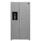 Front view of the Forno 36-inch side-by-side refrigerator with water dispenser, showcasing a modern stainless steel exterior, streamlined vertical handles, and a built-in dispenser on the freezer door for convenient access to chilled water and ice.