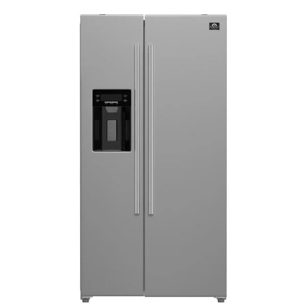 Front view of the Forno 36-inch side-by-side refrigerator with water dispenser, showcasing a modern stainless steel exterior, streamlined vertical handles, and a built-in dispenser on the freezer door for convenient access to chilled water and ice.