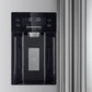 Close-up view of the built-in ice maker inside the Forno 36-inch side-by-side refrigerator with water dispenser, showing the compact ice bin and dispenser mechanism integrated into the freezer compartment for convenient ice access.