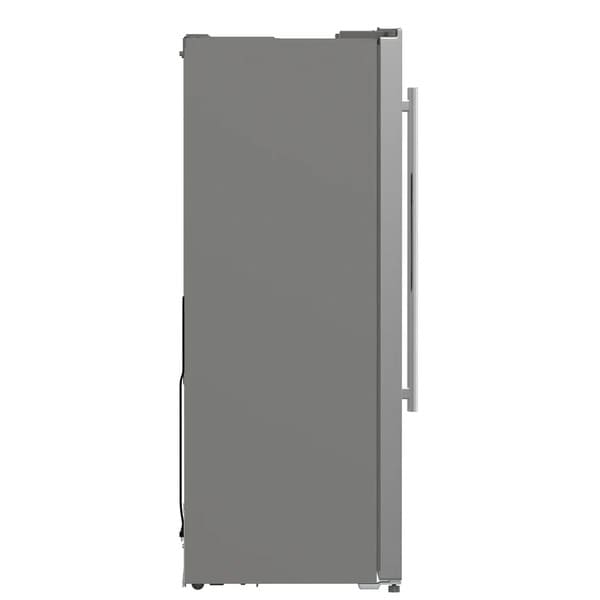 Side view of the Forno 36-inch side-by-side refrigerator with water dispenser, highlighting its sleek stainless steel finish, clean lines, and smooth side panels designed for a built-in or freestanding kitchen layout.