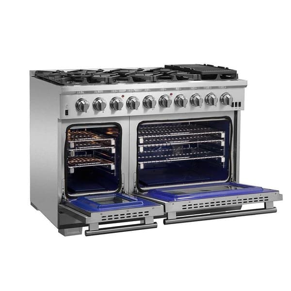 Left angled view of the FORNO 48-inch gas range from the 2-Piece Appliance Package with both oven doors open, displaying the dual oven cavities with stainless steel interiors, adjustable racks, and convection fans, all housed in a sleek, professional stainless steel body.