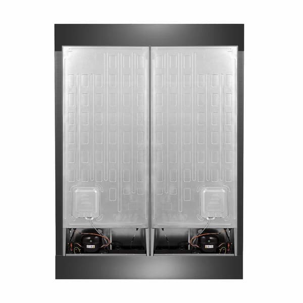 Rear view of the FORNO 60-inch built-in pro-style refrigerator from the 2-Piece Appliance Package, showing the appliance’s ventilation grilles, power connection access, and durable paneling designed for efficient installation and long-lasting performance.