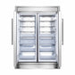 Front view of the FORNO 60-inch built-in pro-style refrigerator from the 2-Piece Appliance Package with both doors open, revealing spacious stainless steel interiors with adjustable glass shelves, door bins, and organized storage compartments designed for high-capacity food preservation.