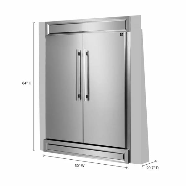 Front right angled view of the FORNO 60-inch built-in pro-style refrigerator from the 2-Piece Appliance Package, showcasing its sleek stainless steel finish, side-by-side doors with vertical handles, and robust, professional-grade design ideal for high-capacity kitchens.