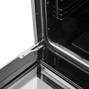 Close-up of the oven door hinge on the FORNO 30-inch gas range, highlighting the durable construction and smooth mechanism for reliable door movement.