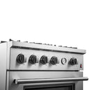 Close-up of the control knobs on the FORNO 30-inch gas range, showcasing the premium metallic finish, clear burner indicators, and ergonomic design for precise control.