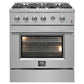 Front view of the FORNO 30-inch gas range, showcasing its stainless steel finish, five-burner cooktop, and large oven door with viewing window and professional-style control knobs.