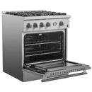 Left-angled view of the FORNO 30-inch gas range with the oven door open, highlighting the interior oven space, adjustable racks, and professional stainless steel exterior.