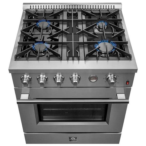 Top view of the FORNO 30-inch gas range, featuring five sealed burners with cast iron grates and a sleek stainless steel cooktop layout.