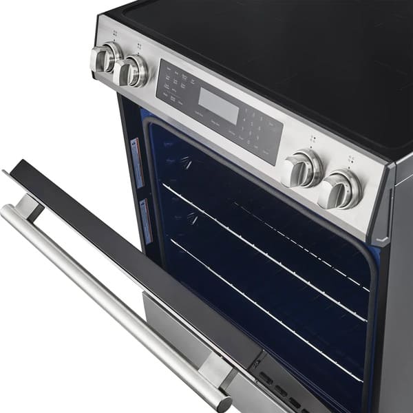 Close-up of the oven door on the FORNO 30-inch induction range in stainless steel, highlighting the large viewing window and sturdy stainless steel handle with a modern finish.