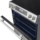 Close-up of the oven door on the FORNO 30-inch induction range in stainless steel, highlighting the large viewing window and sturdy stainless steel handle with a modern finish.