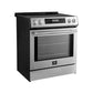 Front left-angled view of the FORNO 30-inch induction range in stainless steel, highlighting the smooth glass cooktop, control knobs, and modern oven design with a large window.