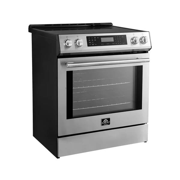 Front left-angled view of the FORNO 30-inch induction range in stainless steel, highlighting the smooth glass cooktop, control knobs, and modern oven design with a large window.