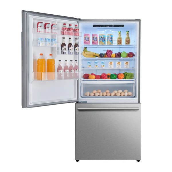 Front view of the FORNO 31-inch right-hinge refrigerator in stainless steel with the door open, displaying the spacious interior layout, adjustable glass shelves, and clear storage bins.