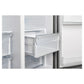 Close-up view of the open drawers inside the FORNO 36-inch refrigerator with water dispenser in stainless steel, showcasing the transparent storage bins and ample space for organizing fresh produce and perishables.