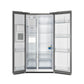 Front view of the FORNO 36-inch refrigerator with water dispenser in stainless steel with both French doors open, revealing a spacious interior with adjustable shelves and storage compartments.