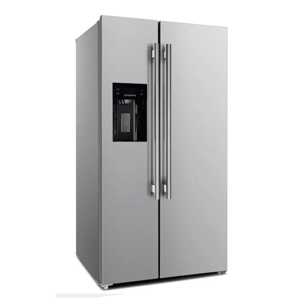 Front left-angled view of the FORNO 36-inch refrigerator with water dispenser in stainless steel, showcasing the French door design, bottom freezer drawer, and streamlined exterior.