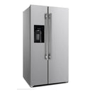 Front left-angled view of the FORNO 36-inch refrigerator with water dispenser in stainless steel, showcasing the French door design, bottom freezer drawer, and streamlined exterior.