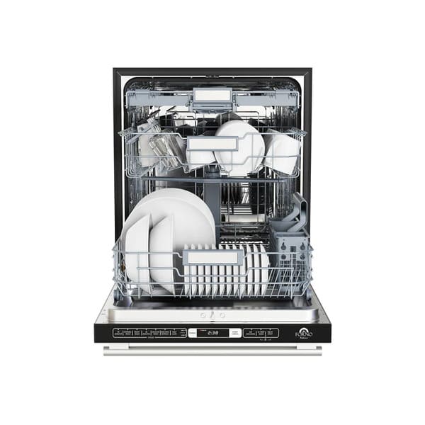 Front view of the FORNO 24-inch built-in dishwasher with the door open, showing the stainless-steel interior, adjustable racks, and spacious loading capacity.
