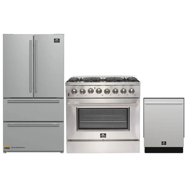 Front view of the FORNO 3-piece kitchen appliance set including a French door refrigerator with two freezer drawers, a 36-inch dual fuel range with control knobs and oven window, and a built-in stainless steel dishwasher.