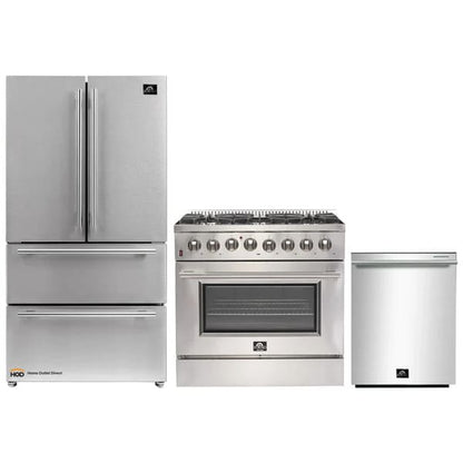 Front view of a stainless steel FORNO 3-piece kitchen set including a French door refrigerator with double freezer drawers, a 36-inch gas range with control knobs and oven window, and a built-in dishwasher.